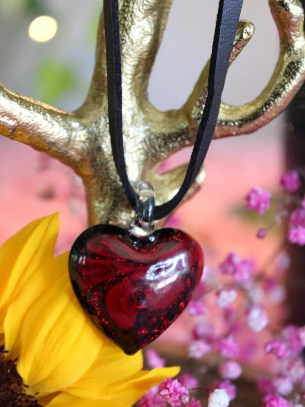 Free People Red Glass Heart Pendant Black Cord Necklace
